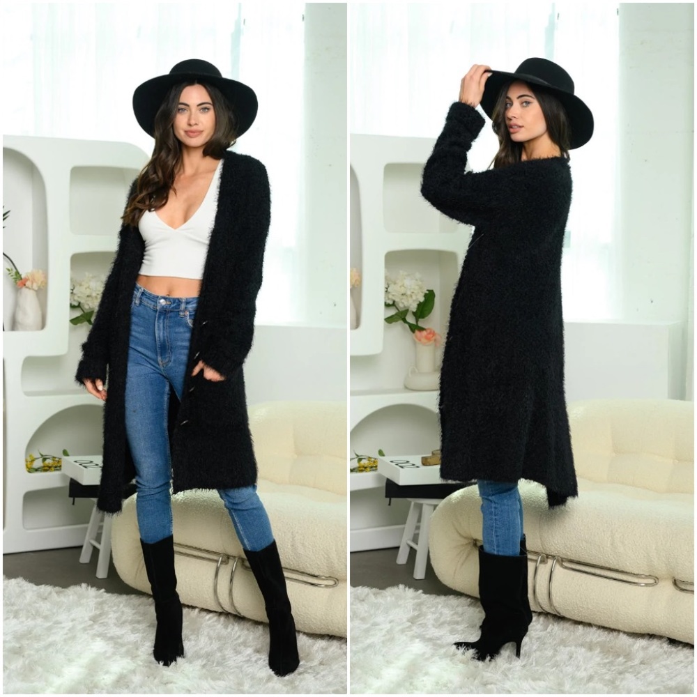 LONG SLEEVE BUTTON UP FUZZY POPCORN YARN CARDIGAN